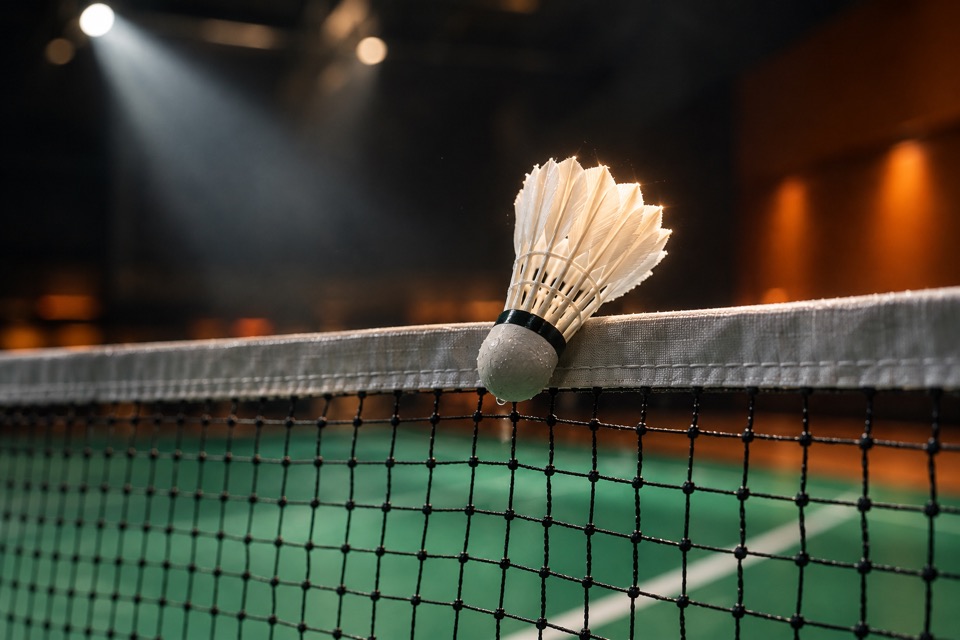 Shuttlecock tersangkut di net lapangan