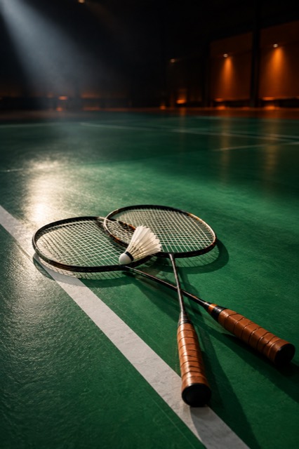 Raket dan shuttlecock di lapangan